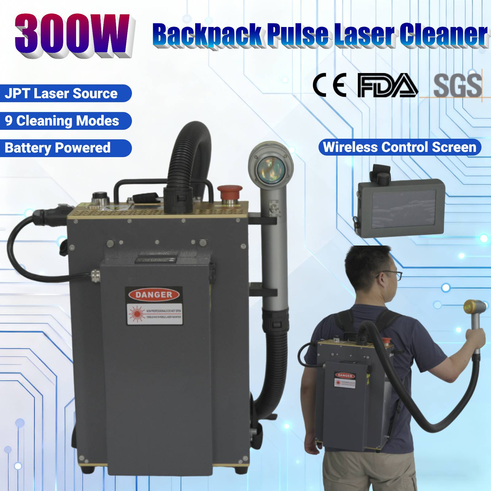 Industrial Laser Rust Removal Machine - 300W Backpack JPT Pulse Fiber Laser